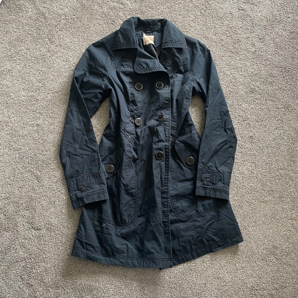 Womens Tulle Trench Coat Size S Black Good Double Breasted Cotton Jacket L8063T